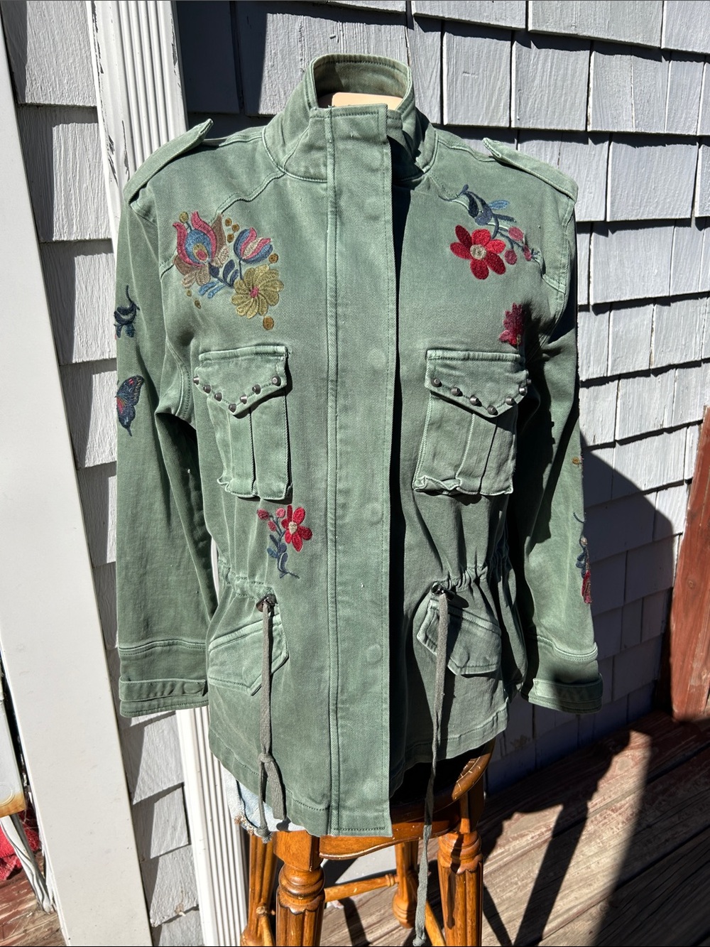 Billy T Embroidered Utility Jacket with Drawstring Waist- Floral- Butterfly